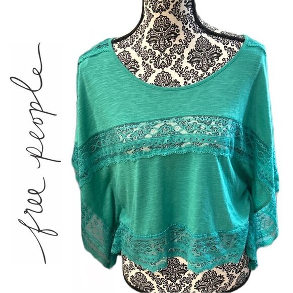 Free People Women’s Green Lace Trim Inset Bat‎ Wing Sleeve Top - Size XS - Picture 1 of 3